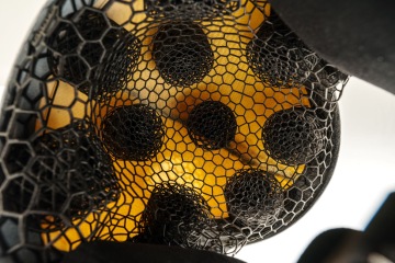 inside view of skeleton helmet, 3D printed padding, product photograph of skeleton helmet